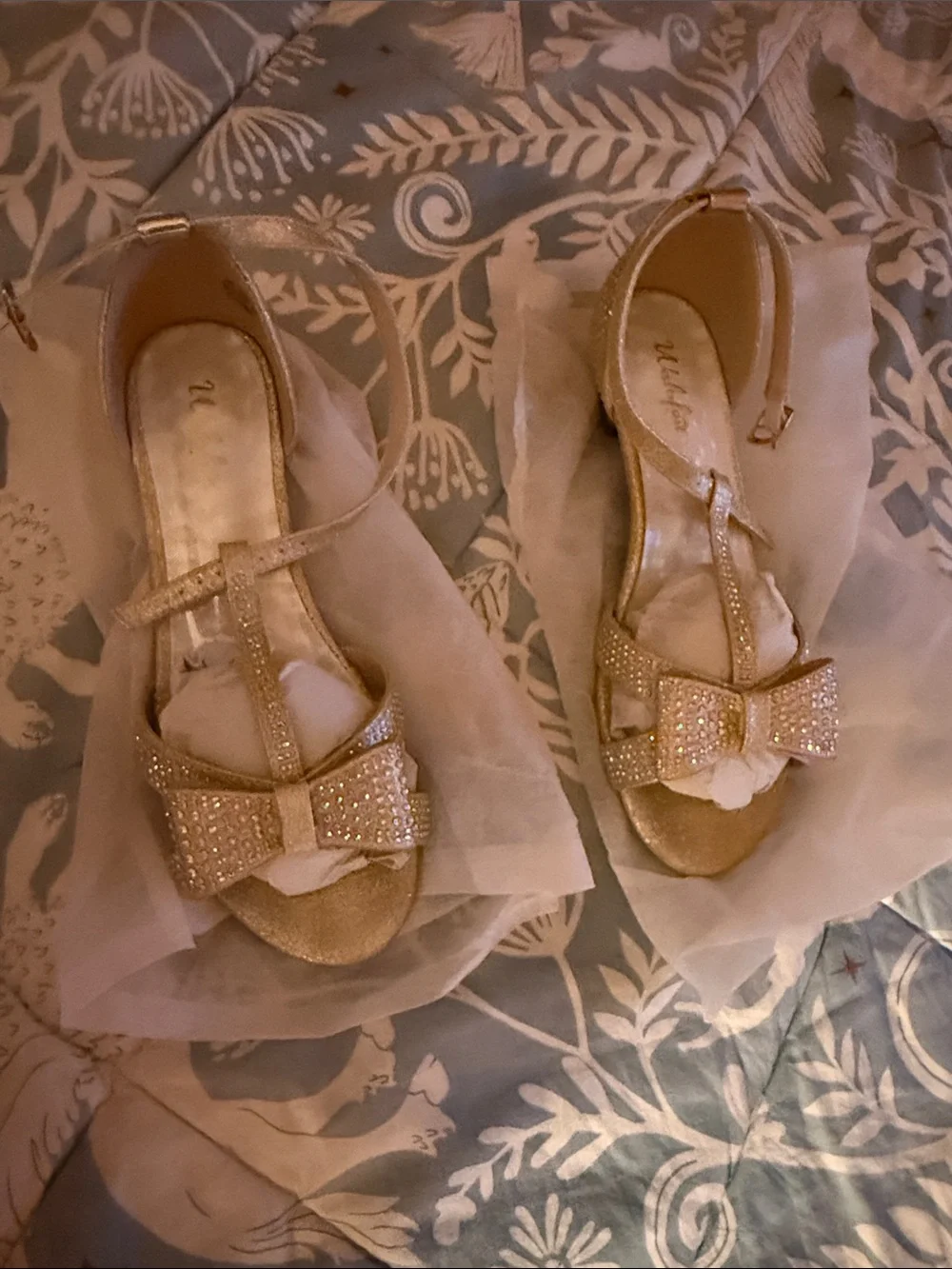 Girls' Gold T-Strap Dress Sandals with Bow and Rhinestones